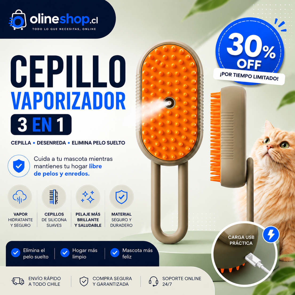 Cepillo Vaporizador 3 en 1 para Perros y Gatos ✅